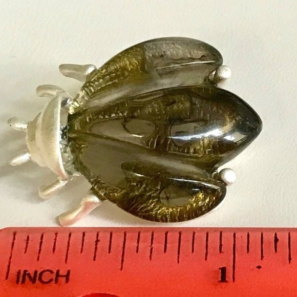 Vintage Beetle Pin Brooch Silver Tone Ladybug Bug Insect Simulated Amber - Picture 6 of 7